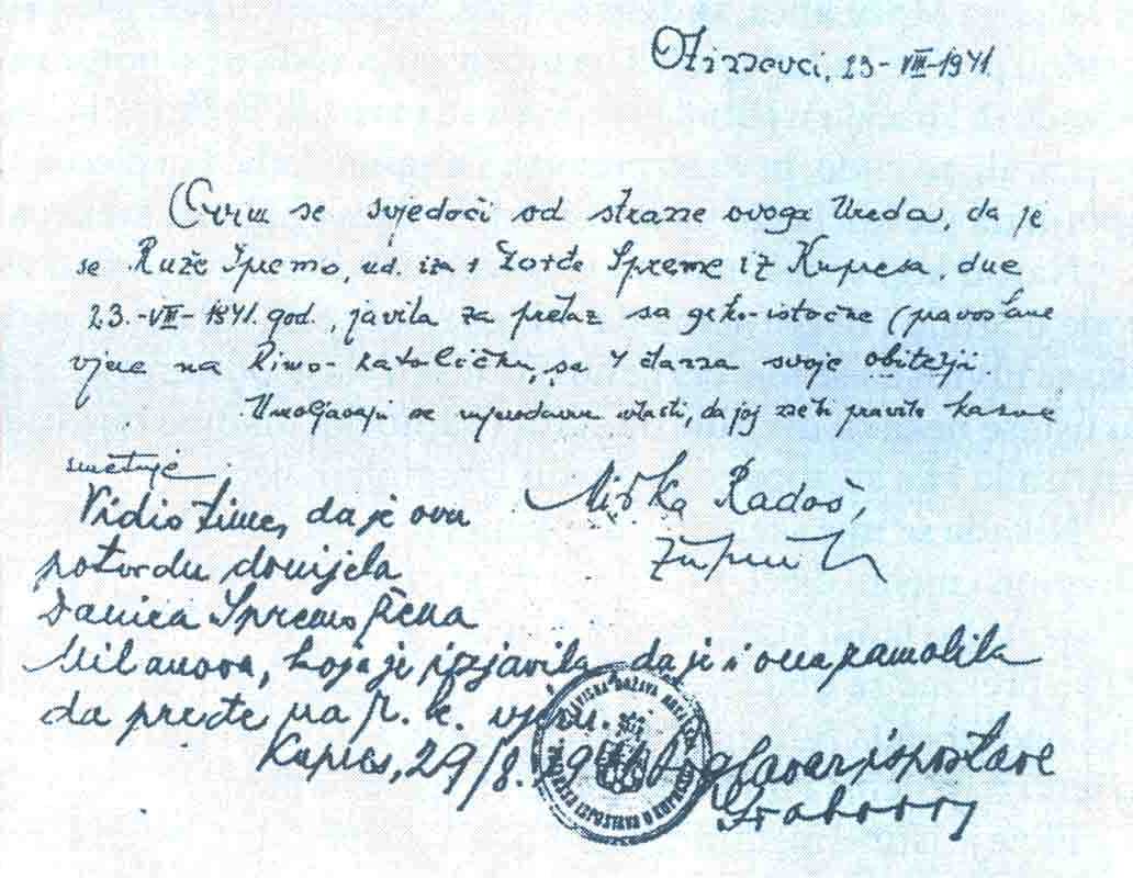 Потврда неког жупника из околине Купреса којом овјерава да је нека удовица са четворо чланова породице из православне прешла у католичку вјеру
