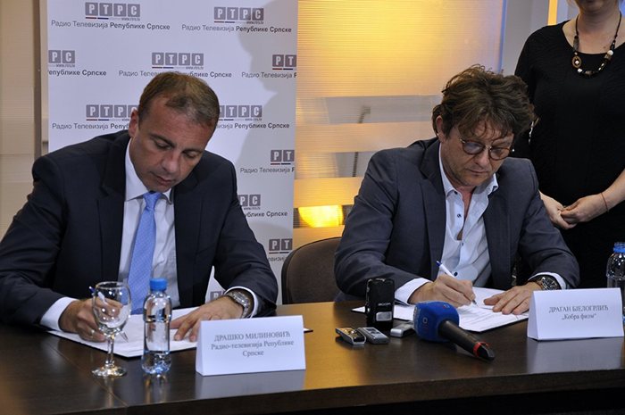 Generalni direktor Radio-televizija Republike Srpske, Draško Milinović, i direktor Kobra filma iz Beograda, Dragan Bjelogrlić