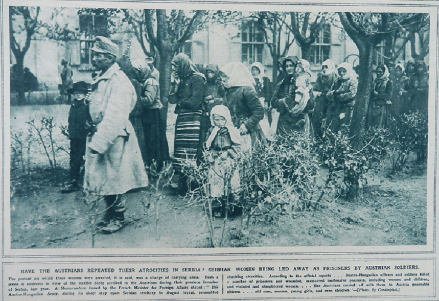 Аустроугарски војници воде заробљене српске жене и дјецу, The Illustrated War News, 24.11.1915. Слика је попраћена текстом под насловом: “Да ли је Аустрија поновила своје злочине над Србијом? Аустријски војници одводе заробљене српске жене“